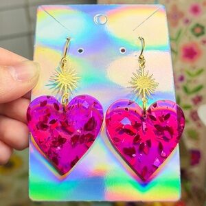 New Handmade Gold & Raspberry Pink Heart Earrings Valentine’s Sunburst Celestial